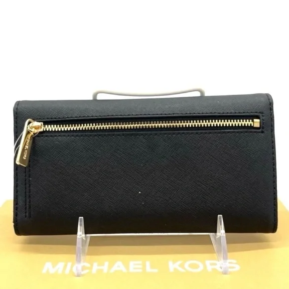 Michael Kors Large Jet Set Travel Trifold Wallet Black/Gold - Picture 3 of 7